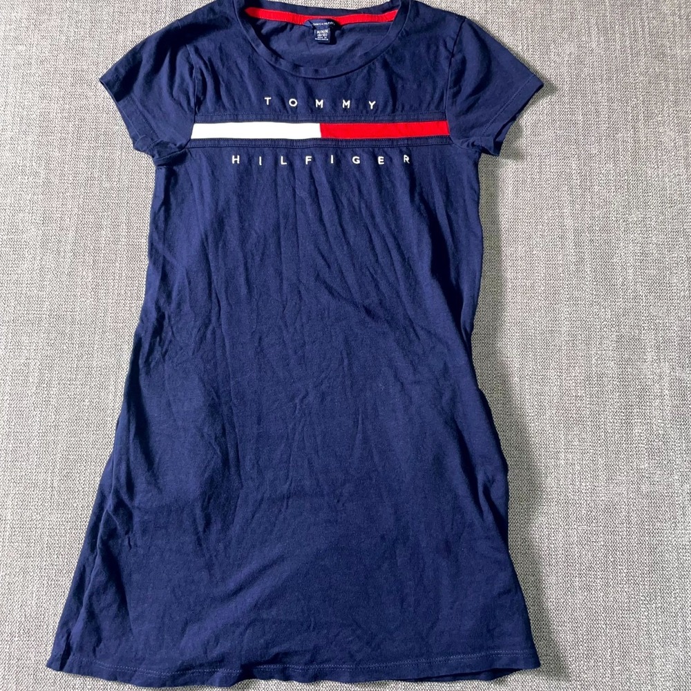 Tommy Hilfiger T Shirt Dress Girls M (8/10) Blue Embroidered Logo Round Neck